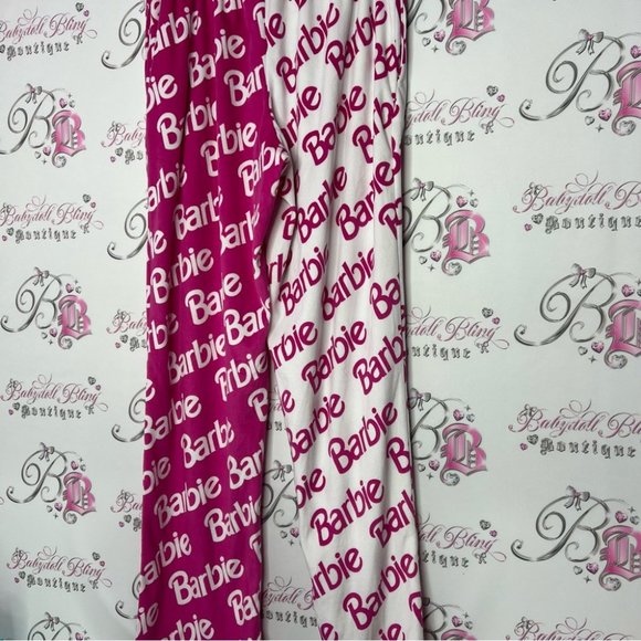 Barbie pants soft velour feel fabric cozy pink white half half one leg different - Picture 6 of 10